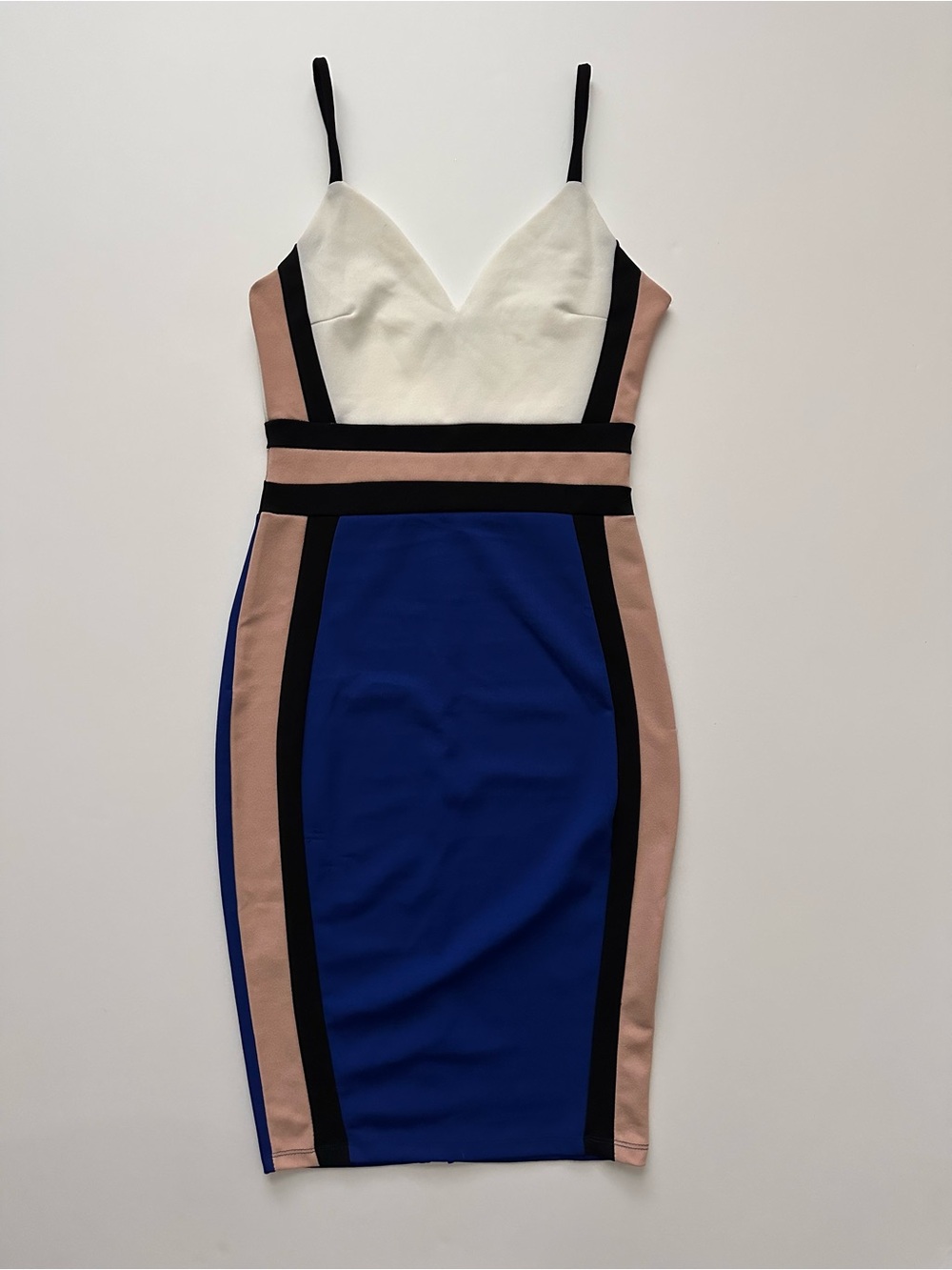 Fashion Nova Blue, Cream & Tan Colorblock Spaghetti Strap Dress
